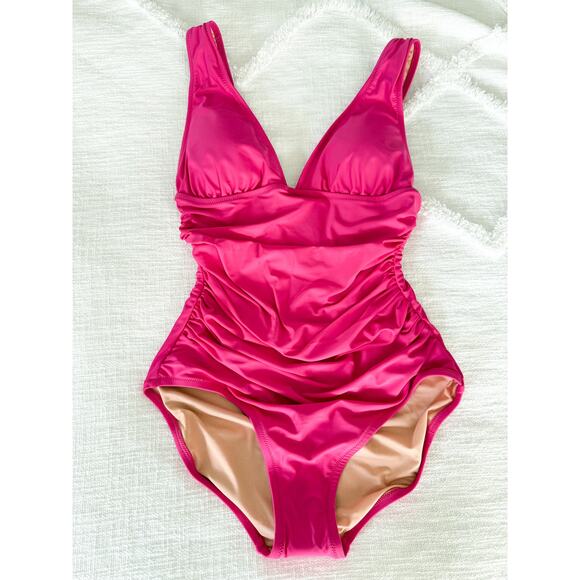 J. Crew | NWT | Ruched V-neck one-piece in Radiant Fuchsia | Sz 6 - Picture 2 of 12